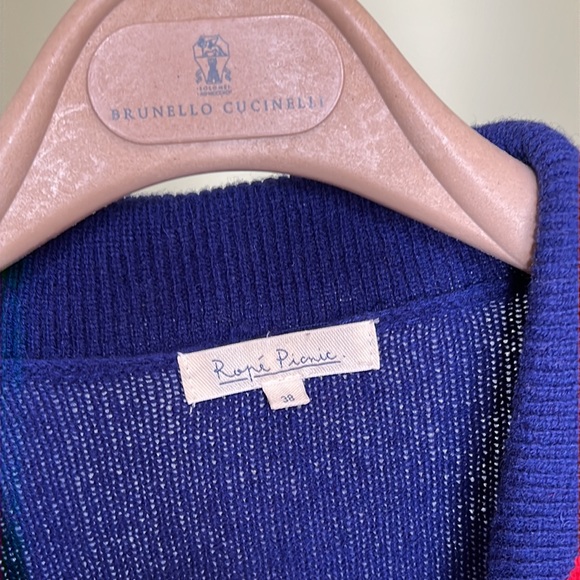 Rope picnic blue and red knit wool cardigan. Gold button. - Picture 2 of 5